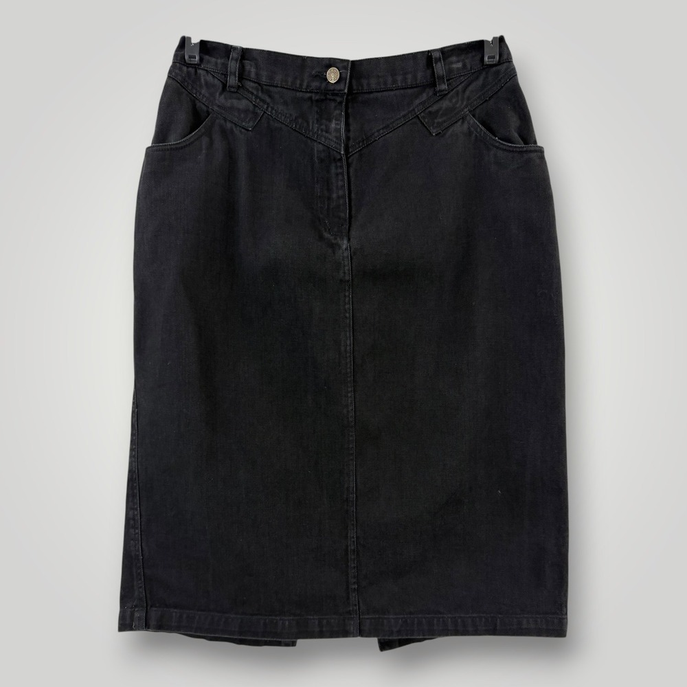 Forenza Vintage Black Denim Midi Skirt Western Yoke High Waist Cotton Size 18